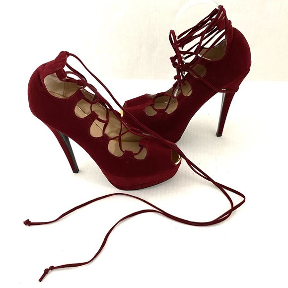 Colin Stuart Lace Up Platform Suede Heels Burgundy - Picture 3 of 15